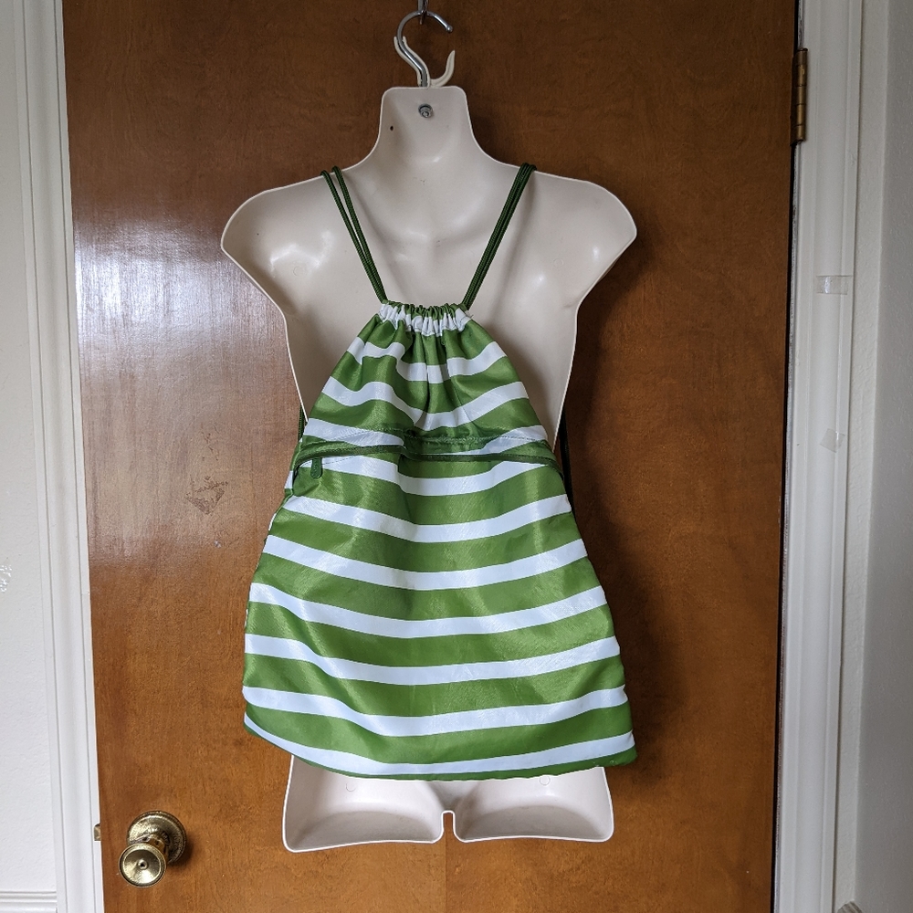 Thirty-One Cinch Sack Green Cabana White Stripe Backpack Purse